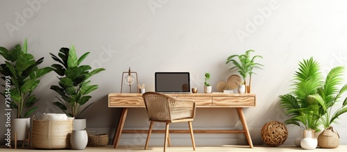 Stylish and boho home interior of open work space with wooden desk chair lamp laptop and white shelf Design and elegant personal accessories Botany and minimalistic home decor with plants