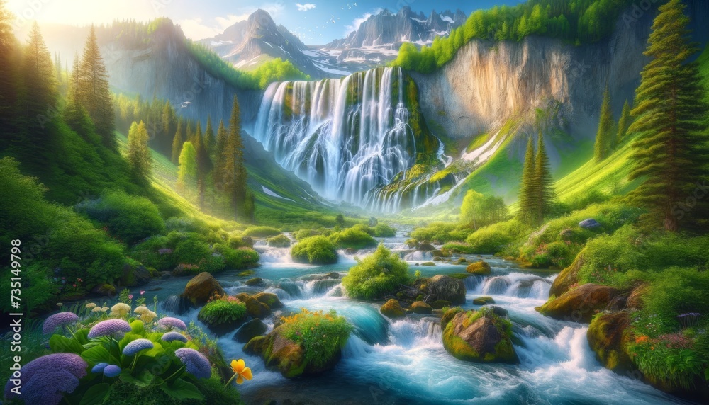 Cascading Harmony- Mountain Waterfall in Spring