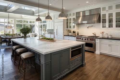 A spacious kitchen featuring a center island and beautiful marble counter tops. Ideal for modern home designs and culinary enthusiasts