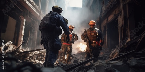 Firefighters standing together in a building. Can be used to illustrate teamwork and emergency response