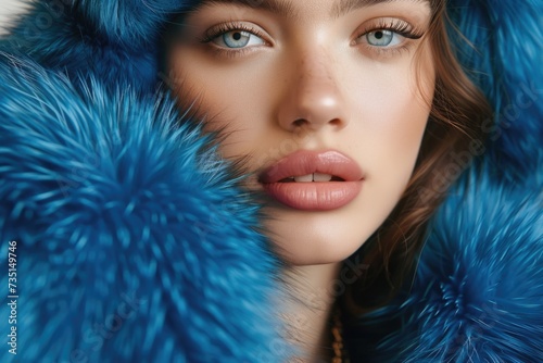 A woman wearing a blue fur coat on her head. Can be used for fashion or winter-themed designs