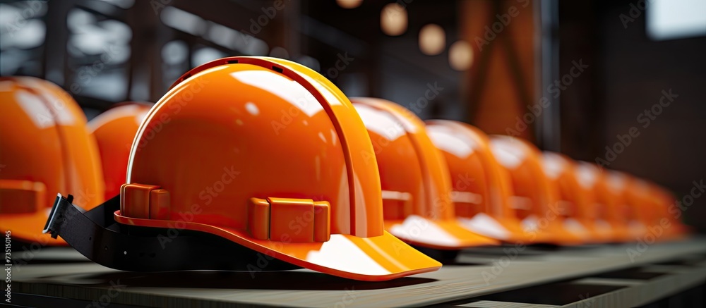 Working safely and protecting yourself from accidents safety helmet Hardhats are placed in the workplace inside the warehouse production and export factory modern logistics with secure systems - obrazy, fototapety, plakaty 