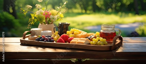 Fototapeta Naklejka Na Ścianę i Meble -  Picnic at the park Fresh fruits and tarts with berries and nuts on the white wooden tray. Creative Banner. Copyspace image