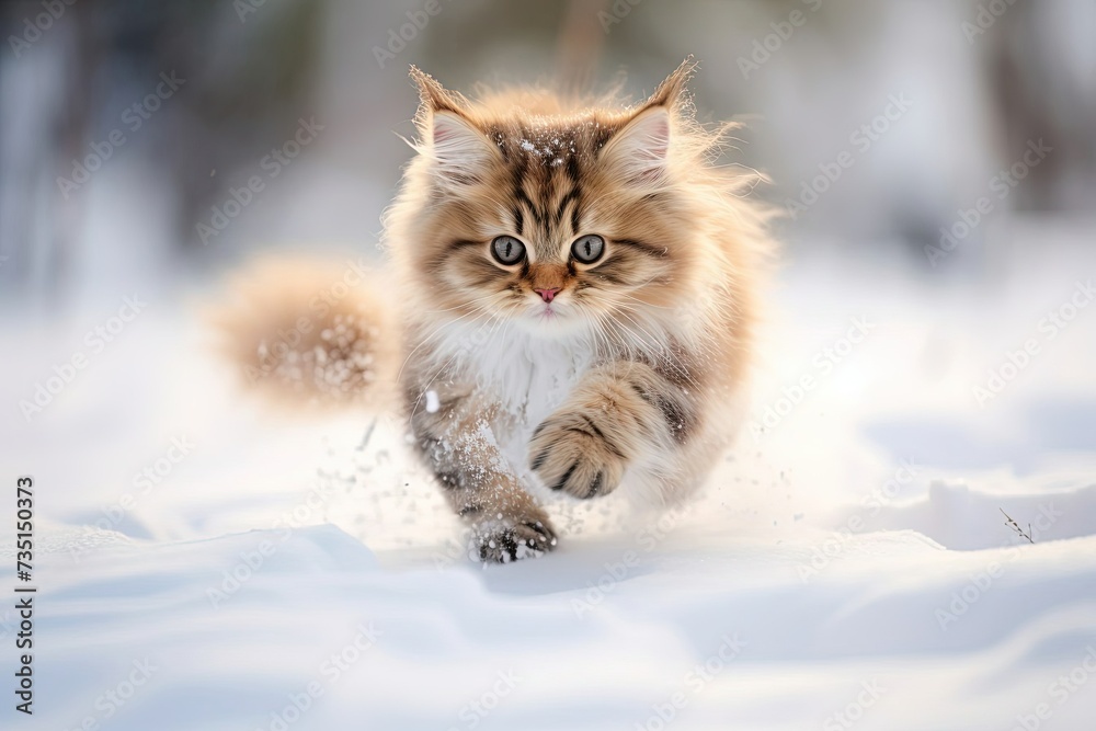 Fluffy cat prowl through the snow, winter holidays, cold season, white snow and sun rays