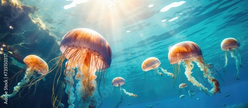 Mediterranean jellyfish Cotylorhiza tuberculata and fish Mediterranean Sea Croatia. Creative Banner. Copyspace image