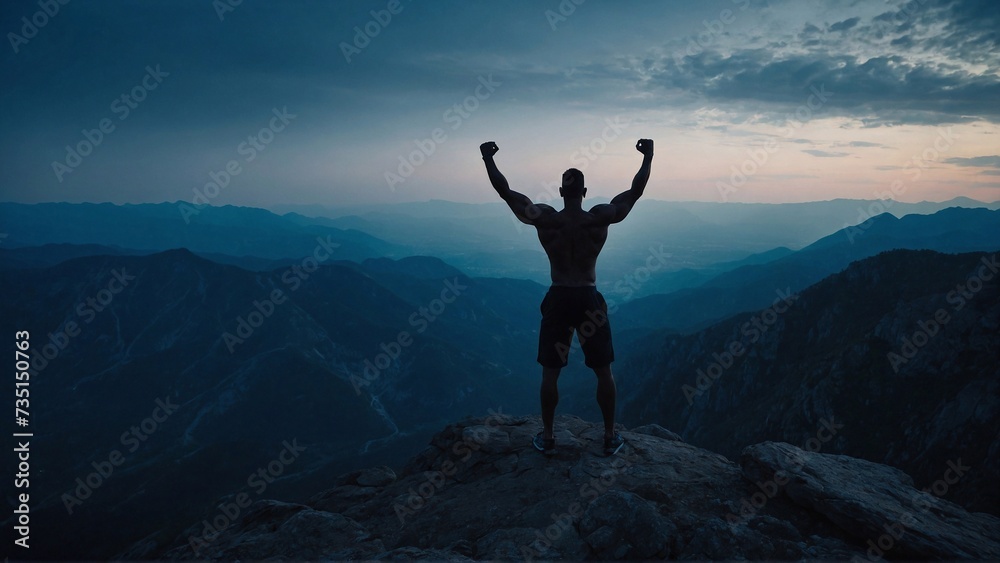 silhouette of a sportsman raising hands up on the top  of mountain, blue atmosphere, success concept