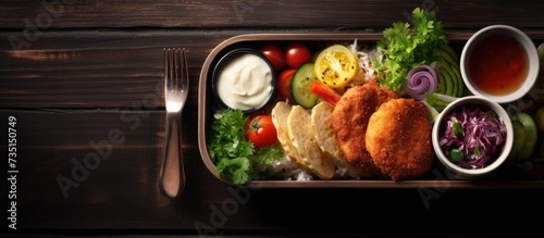 Schnitzel Lunch Box Schnitzel Challah Bread salad pickles grilled eggplant pickled onions and Sauces. Creative Banner. Copyspace image photo