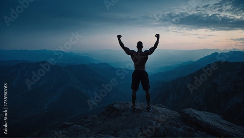 silhouette of a sportsman raising hands up on the top of mountain, blue atmosphere, success concept