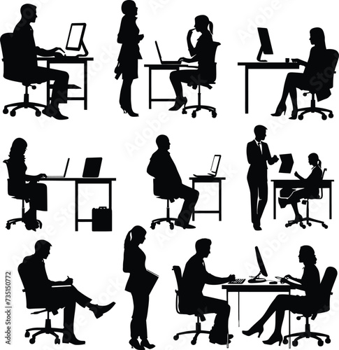 Silhouette office employees discussing at work desk black color only