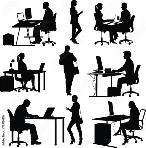 Silhouette office employees discussing at work desk black color only