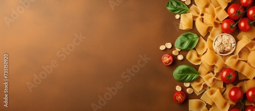 Traditional italian pasta with tomato basil and parmesan Top view image with a copy space. Creative Banner. Copyspace image