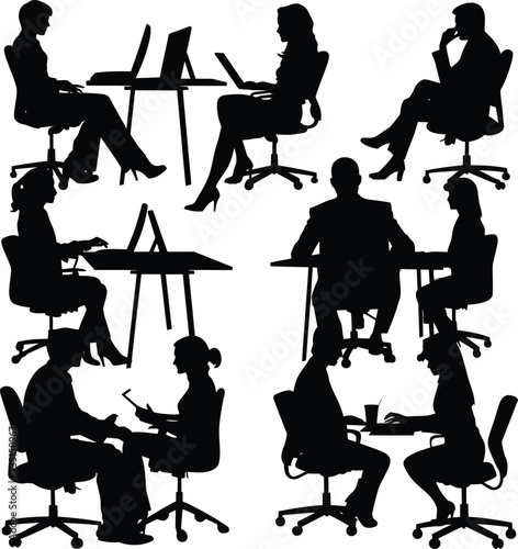 Silhouette office employees discussing at work desk black color only