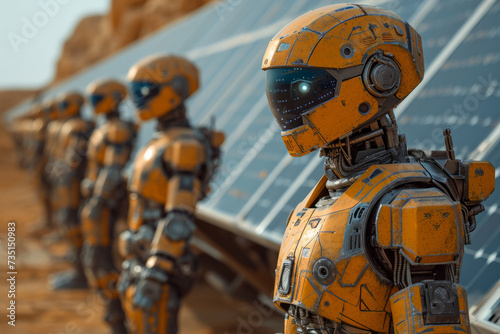 Line of robots stand next to solar panels.