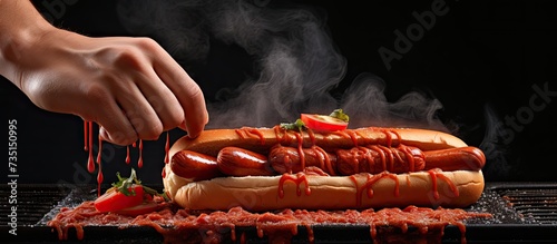 Person making grilled hot dog with ketchup Gesture of person pouring ketchup on top of hot dog. Creative Banner. Copyspace image