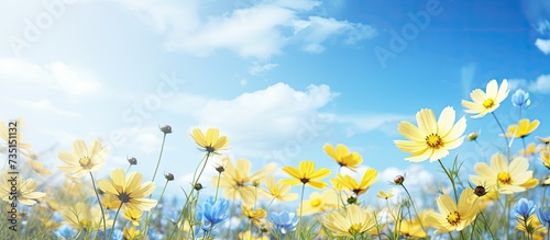 The blue flowers are blooming beautifully the yellow color is seen in the middle it looks very beautiful full of green nature around the bright sun of the open sky around. Creative Banner © HN Works