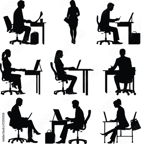 Silhouette office employees discussing at work desk black color only