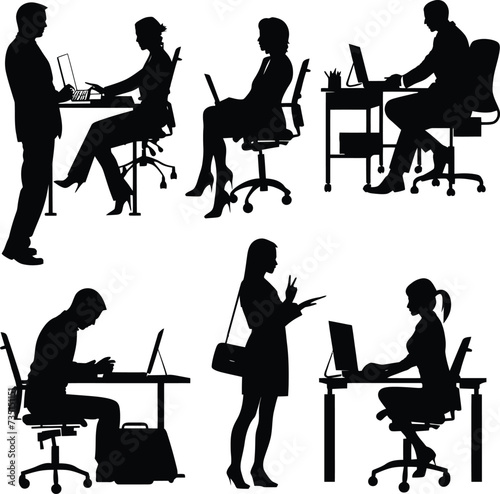 Silhouette office employees discussing at work desk black color only