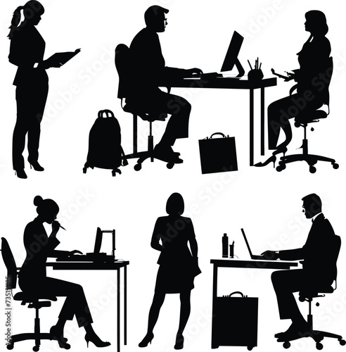 Silhouette office employees discussing at work desk black color only