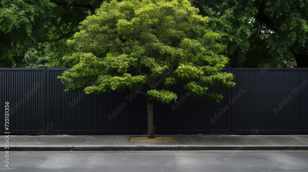 Green tree with black steel fence of residential house modern style on background