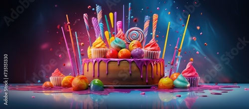 Neon green and pink drip happy birthday cake by Katherine Sabbath topped with assorted rainbow coloured lollipop swirls and candy shards. Creative Banner. Copyspace image photo