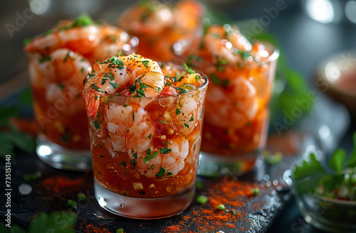 Prawn cocktail with chilli lime and parsley in glass