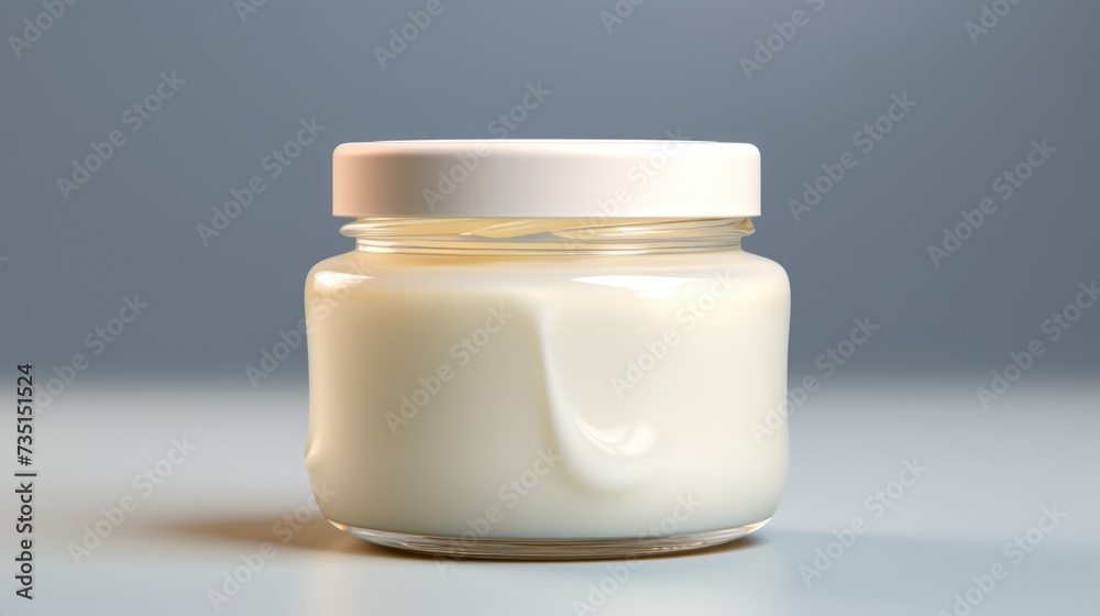 A glass jar of yogurt sitting on a table. Perfect for food and nutrition related content A glass jar of yogurt sitting on a table. Perfect for food and nutrition related content