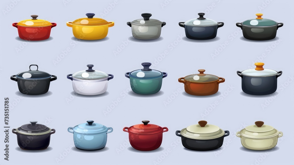 A collection of various pots and pans in different vibrant colors. Ideal for use in kitchens or cooking-related projects A collection of various pots and pans in different vibrant colors. Ideal for use in kitchens or cooking-related projects