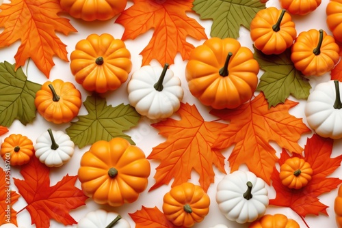 Small pumpkins and leaves in a close up shot. Perfect for autumn-themed designs and decorations