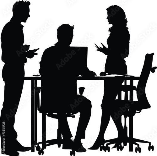 Silhouette office employees discussing at work desk black color only
