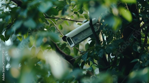 A surveillance camera positioned on top of a tree, providing a discreet and effective way to monitor an area. Ideal for security and surveillance purposes