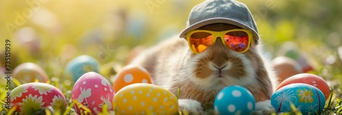 funny Easter bunny with sunglasses and cap sits in the grass with colourful Easter eggs