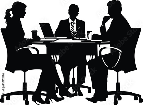 Silhouette office employees discussing at work desk black color only