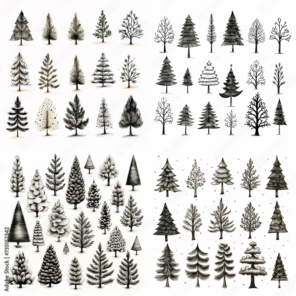 Obraz premium clipart set evenly spaced white background digital, christmas tree seamless pattern
