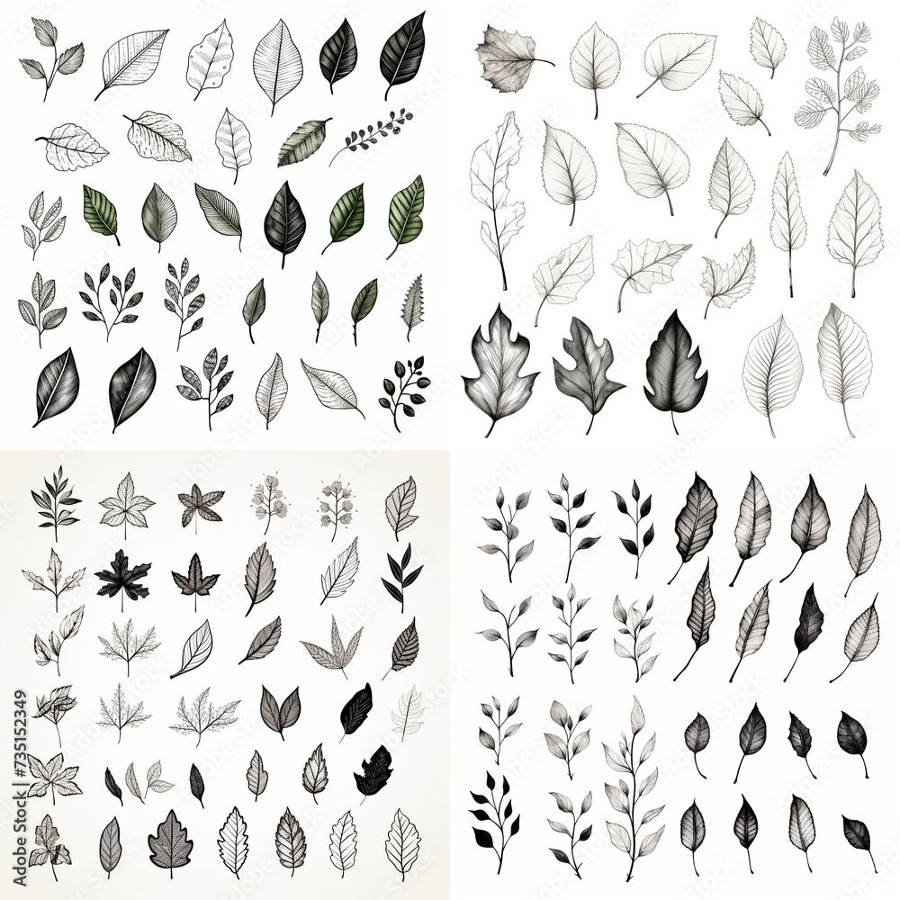 clipart set evenly spaced white background digital, seamless pattern with leaves and flowers