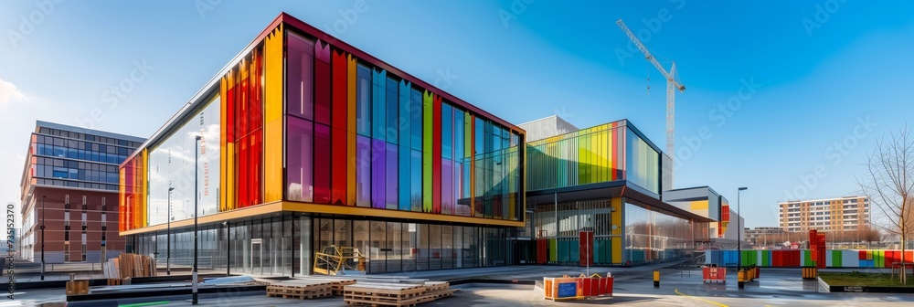 modern architecture with a colourful glass facade on a futuristic building - obrazy, fototapety, plakaty 