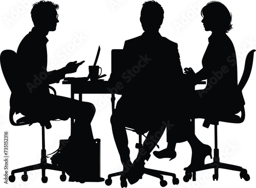 Silhouette office employees discussing at work desk black color only
