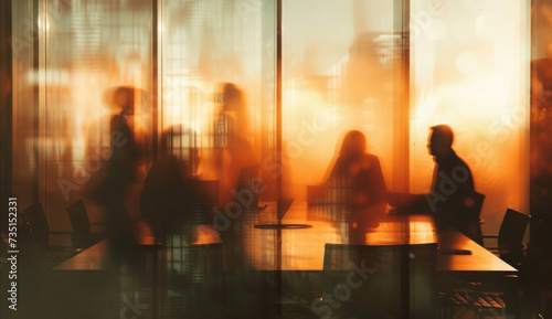 Corporate, boardroom and business group meeting in an office for partnership planning, discussion and marketing strategy People, silhouette and sunrise background for brainstorming and collaboration