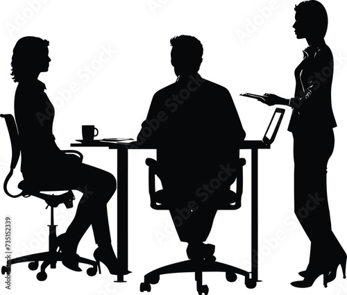 Silhouette office employees discussing at work desk black color only