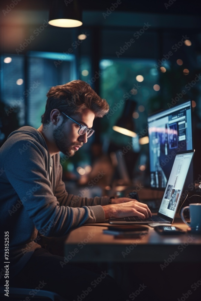 A man sitting at a desk using a laptop computer. Suitable for technology and remote work concepts A man sitting at a desk using a laptop computer. Suitable for technology and remote work concepts