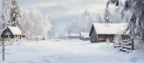 Old wooden norwegian cabin and storage houses stabbur in winter They are covered with snow. Creative Banner. Copyspace image