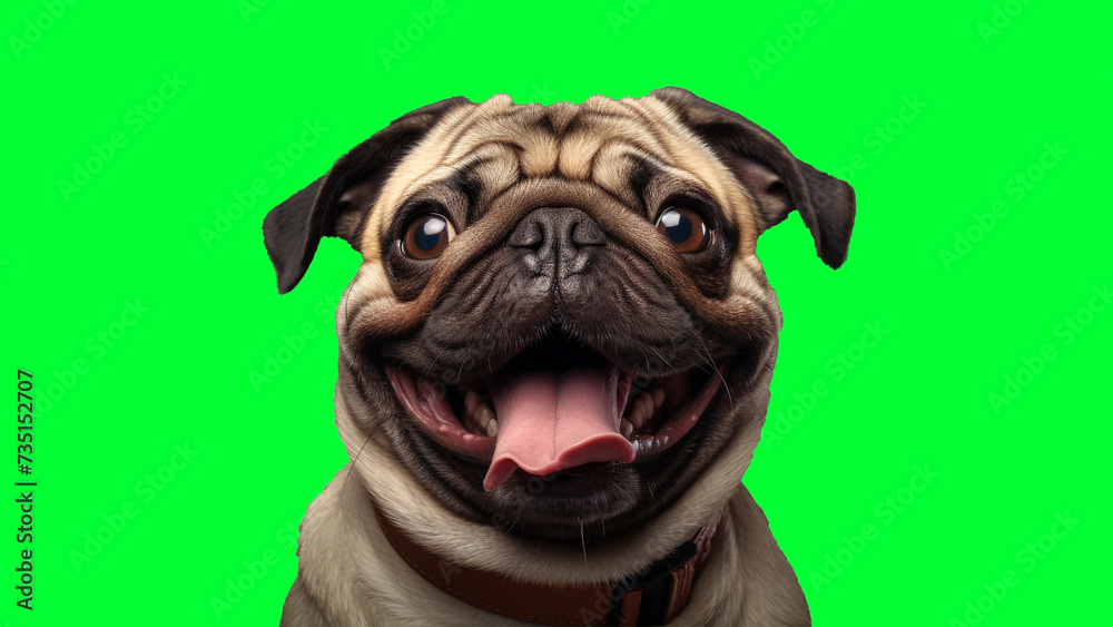 Portrait photo of smiling Pug on green background