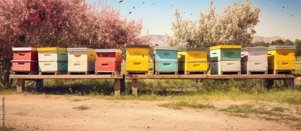 Summer view of rural apiary and honey production in Greece bee hive colony swarm of bees in a beehive in a countryside multicoloured wooden beehives bee houses. Creative Banner. Copyspace image Summer view of rural apiary and honey production in Greece bee hive colony swarm of bees in a beehive in a countryside multicoloured wooden beehives bee houses. Creative Banner. Copyspace image