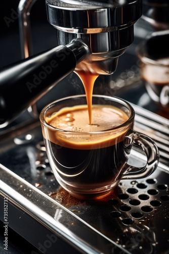 A cup of coffee being poured into a coffee machine. Perfect for coffee lovers and cafes