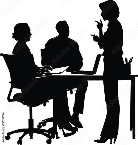 Silhouette office employees discussing at work desk black color only