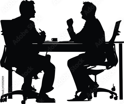 Silhouette office employees discussing at work desk black color only