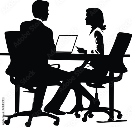 Silhouette office employees discussing at work desk black color only