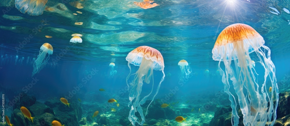 Mediterranean jellyfish Cotylorhiza tuberculata and fish Mediterranean Sea Croatia. Creative Banner. Copyspace image Mediterranean jellyfish Cotylorhiza tuberculata and fish Mediterranean Sea Croatia. Creative Banner. Copyspace image