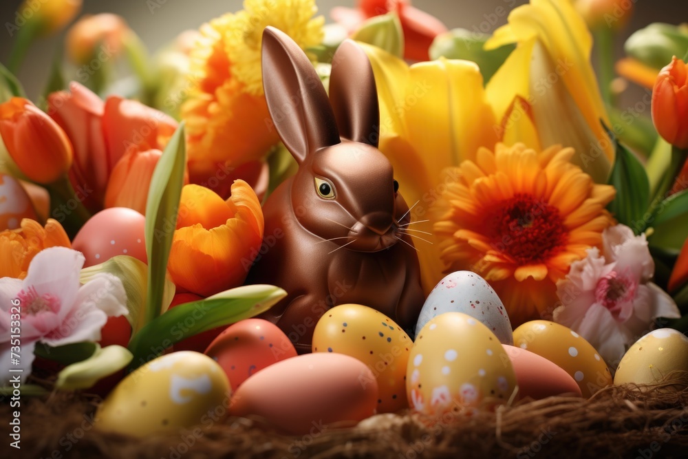 A detailed view of a chocolate bunny placed in a basket filled with colorful flowers. Perfect for Easter or spring-themed designs