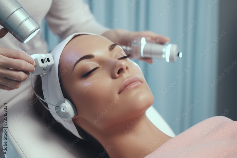 Woman receiving a facial treatment at a beauty salon. This image can be used to showcase the process and benefits of professional skincare treatments Woman receiving a facial treatment at a beauty salon. This image can be used to showcase the process and benefits of professional skincare treatments