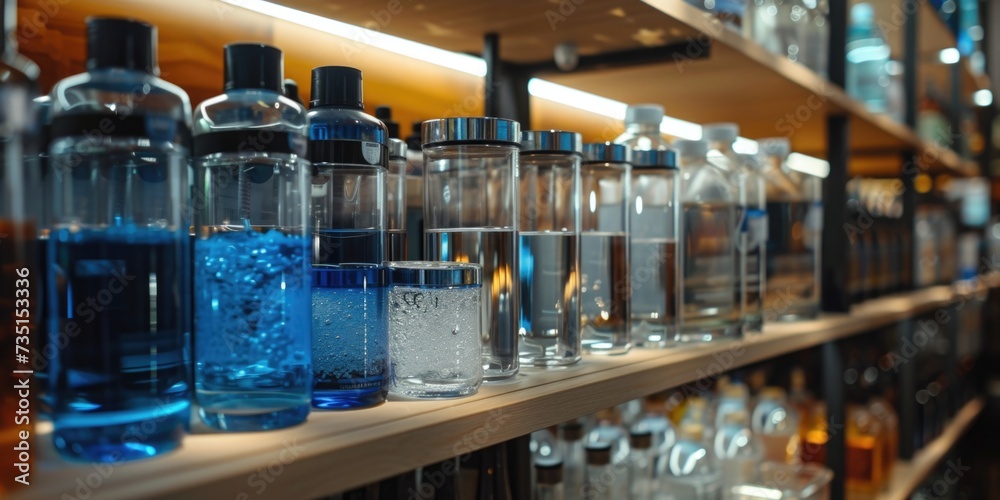 A shelf filled with various bottles of water. Suitable for advertisements, health-related articles, and hydration concepts A shelf filled with various bottles of water. Suitable for advertisements, health-related articles, and hydration concepts